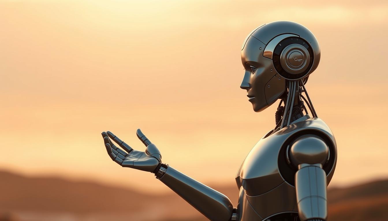 An empathetic AI system, represented by a sleek, metallic humanoid figure, stands amidst a tranquil, contemplative setting. Warm, diffused lighting bathes the scene, creating a soothing atmosphere. The robot's facial features, crafted with meticulous detail, convey a sense of emotional intelligence and understanding. Its posture is relaxed, with one hand extended in a gesture of connection, as if reaching out to offer solace or guidance. The background is a serene, minimalist landscape, hinting at the AI's ability to navigate the complexities of the human experience with sensitivity and care.