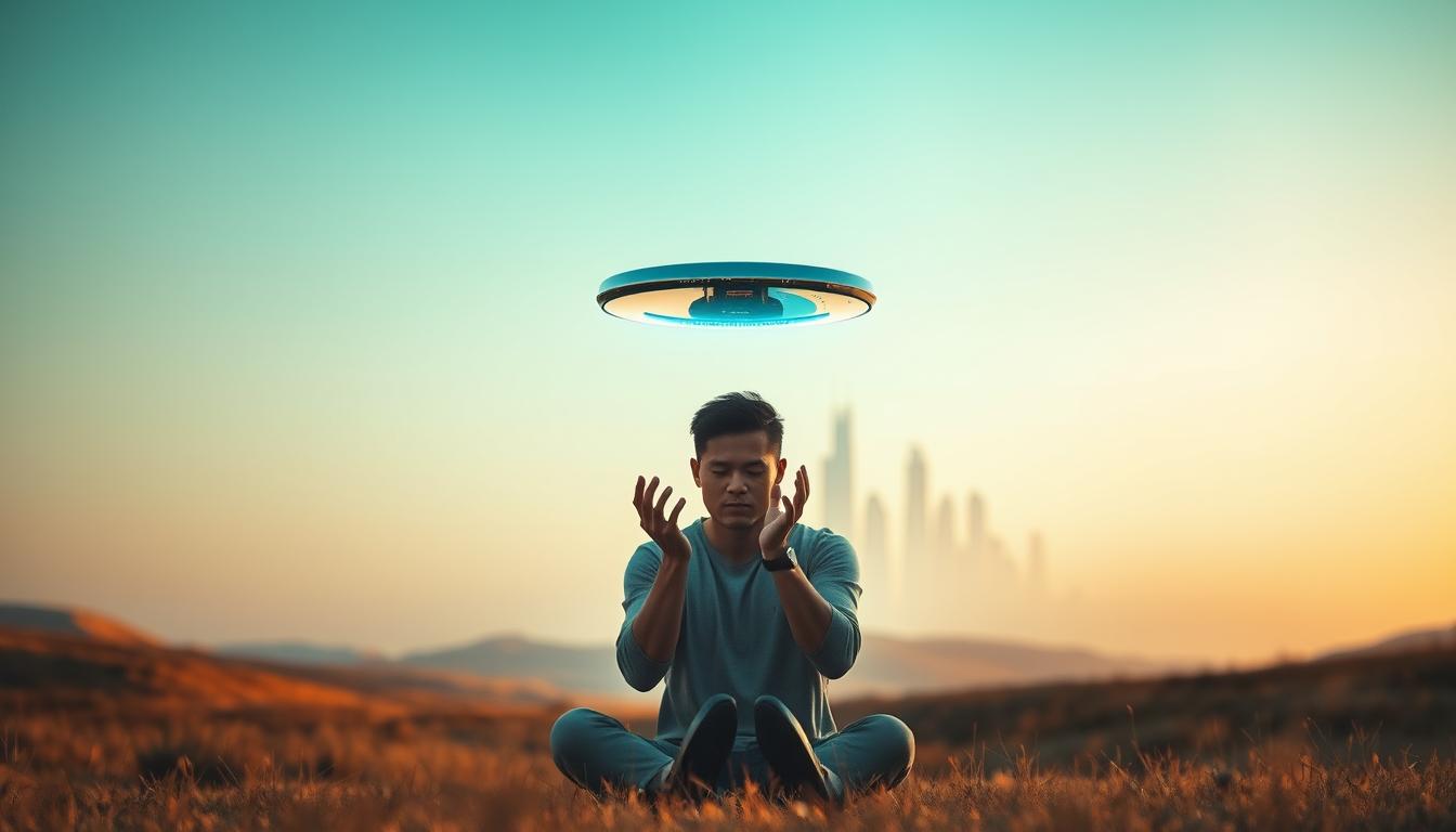 A tranquil futuristic landscape, bathed in warm tones and soft, diffused lighting. In the foreground, a human figure sits contemplatively, hands reaching out to gently interface with a sleek, gleaming AI device that hovers just above their palms. The device's surface reflects the person's face, creating a sense of symbiosis and mutual understanding. In the middle ground, a city skyline of towering, organic-inspired architecture stands, hinting at advanced technology seamlessly integrated with the natural world. The background is a serene, cloudless sky, suggesting a sense of harmony and progress. The overall mood is one of thoughtful contemplation, where human and machine coexist in a state of empathetic connection.