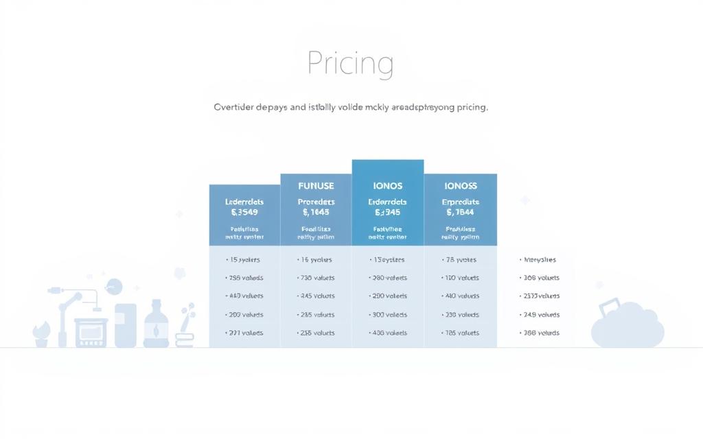 A detailed, visually captivating illustration of IONOS's pricing structure, showcasing its various product tiers and service offerings. The image should have a clean, minimalist design with a focus on presenting the pricing information in a clear, organized manner. The foreground should feature a series of product icons or silhouettes, arranged in a grid-like layout to represent the different IONOS plan options. The middle ground should display the corresponding pricing details for each plan, presented in a sleek, easy-to-read format. The background should have a subtle, neutral-toned gradient or pattern, allowing the pricing information to take center stage. The overall mood should convey a sense of professionalism, trust, and value, reflecting the IONOS brand and the subject matter of the article.