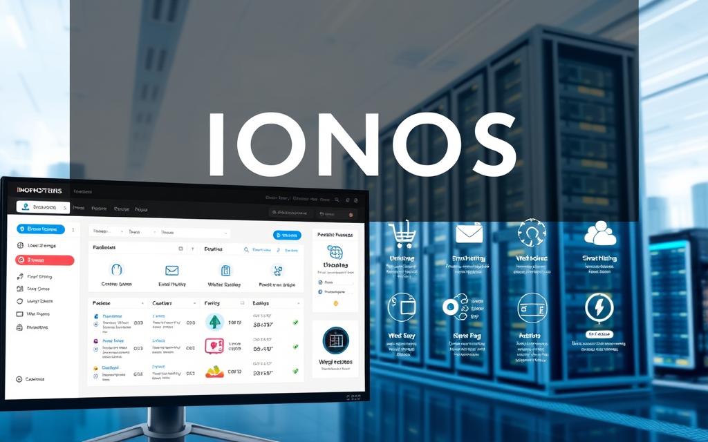A high-resolution, visually striking image showcasing the key features of IONOS hosting services. The foreground depicts a modern, minimalist web hosting control panel with intuitive interfaces and customization options. In the middle ground, stylized icons and infographics highlight IONOS's range of features, such as domain management, email hosting, website builder, and e-commerce tools. The background features a clean, futuristic cityscape with towering data centers and glowing server racks, conveying the robust infrastructure and global reach of IONOS. The lighting is soft and diffused, creating a sense of professionalism and reliability. The overall composition strikes a balance between showcasing technical capabilities and appealing to a wide business audience.