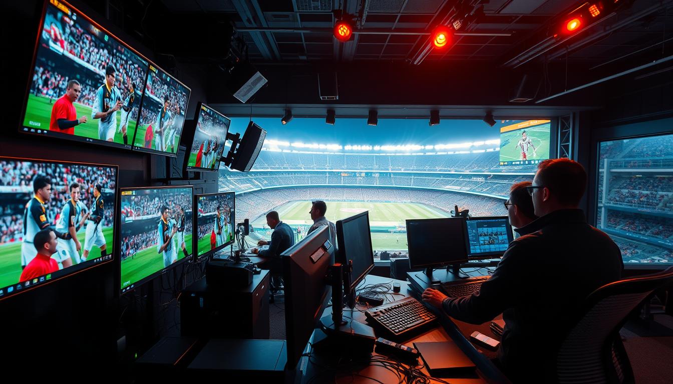 A high-tech sports broadcasting studio bathed in a warm, cinematic glow. In the foreground, sleek IPTV monitors display live game footage, their screens reflecting the intense expressions of athletes in action. In the middle ground, technicians diligently operate an array of cutting-edge broadcasting equipment, their hands moving with practiced precision. The background showcases a panoramic view of a modern stadium, its vast seating areas and towering scoreboard suggesting the global scale of the event. The atmosphere is one of professional excellence, technological innovation, and the thrill of live sports.