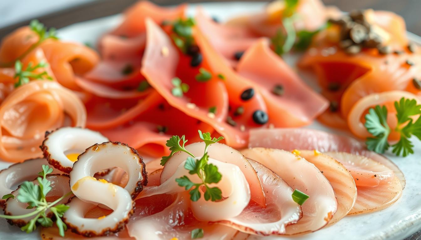 A sumptuous display of gourmet alternatives to traditional beef carpaccio. In the foreground, delicate slices of octopus carpaccio, drizzled with a citrusy vinaigrette and garnished with microgreens. In the middle ground, a vibrant arrangement of thinly sliced raw tuna, seasoned with a fragrant blend of Asian spices. In the background, a sophisticated display of paper-thin slices of cured salmon, accented with capers, dill, and a sprinkle of lemon zest. Captured under soft, natural lighting that accentuates the vibrant colors and textures of these innovative carpaccio interpretations. Captured with a shallow depth of field to focus the viewer's attention on the delicate details of each gourmet alternative.
