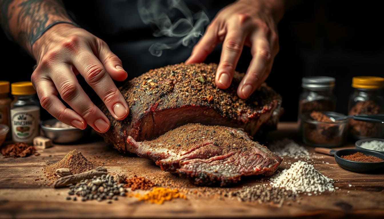 A close-up view of a seasoned brisket being rubbed with an artisanal spice blend, against a backdrop of a rustic wooden surface. The foreground showcases the skilled hands of a seasoned pitmaster, delicately massaging the rub into the meat, creating a beautiful, uniform coating. The middle ground features various spices, herbs, and seasonings arranged in an organized manner, hinting at the meticulous preparation. The background is dimly lit, creating a moody, professional atmosphere, with a subtle hint of smoke in the air, conveying the expertise and passion of the barbeque craft.