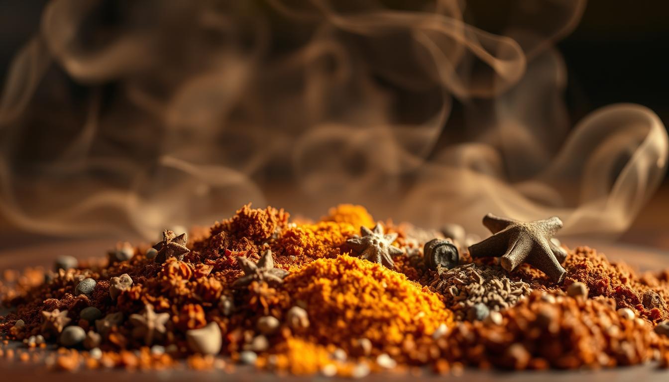 A close-up shot of a variety of spices and seasonings against a backdrop of wisps of smoke, capturing the pairing of brisket rub and wood smoke. The spices are arranged in an artful, textural still life, with a shallow depth of field to emphasize the aromatic, atmospheric qualities. The lighting is warm and hazy, casting a golden glow and highlighting the nuanced colors and textures of the spices. The smoke swirls elegantly, infusing the scene with a sense of anticipation and the promise of deep, complex flavors to come. The overall mood is one of rustic sophistication, hinting at the transformative power of smoke and spice to elevate a simple brisket into a transcendent dining experience.