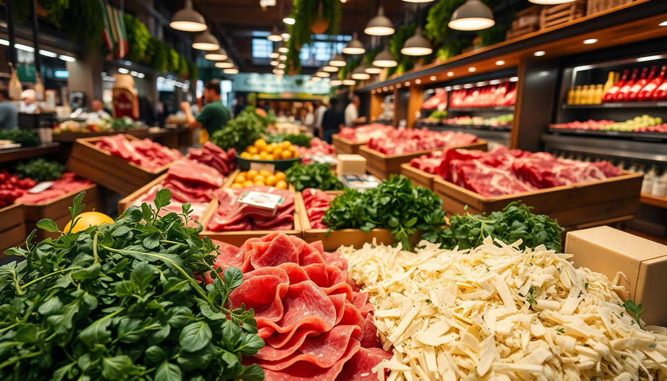 A bustling marketplace filled with vibrant produce, gleaming butcher counters, and the aroma of fresh herbs. Wooden crates overflow with succulent cuts of Wagyu beef, glistening under the soft, warm lighting. In the foreground, a display of neatly arranged ingredients - thinly sliced bresaola, peppery arugula, and rich, creamy Parmesan shavings. The scene is captured through a wide-angle lens, highlighting the abundance and variety of high-quality, artisanal ingredients available for crafting the perfect Wagyu beef carpaccio. The atmosphere is one of culinary anticipation, inviting the viewer to envision the sensory delights of this classic dish.