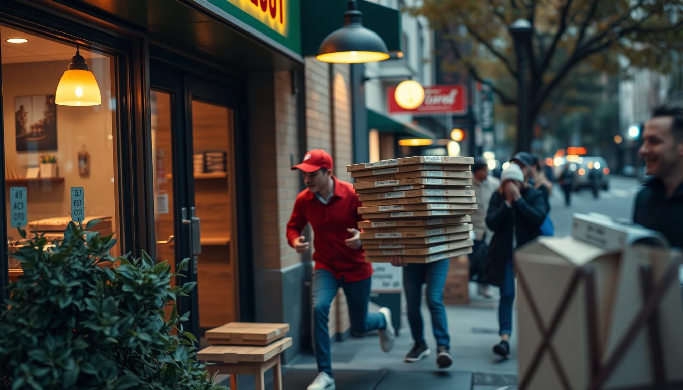 Takeout and delivery services convenience: An inviting storefront with a warm glow from the interior lights, a delivery driver hurrying out the door with a stack of pizza boxes, and customers eagerly awaiting their orders. The scene is bathed in soft, natural lighting, with a slight hint of blur to convey a sense of motion and energy. In the background, a city street bustles with activity, hinting at the connected community that relies on these essential services. The overall atmosphere conveys the ease and accessibility of enjoying a delicious meal at home or on the go.