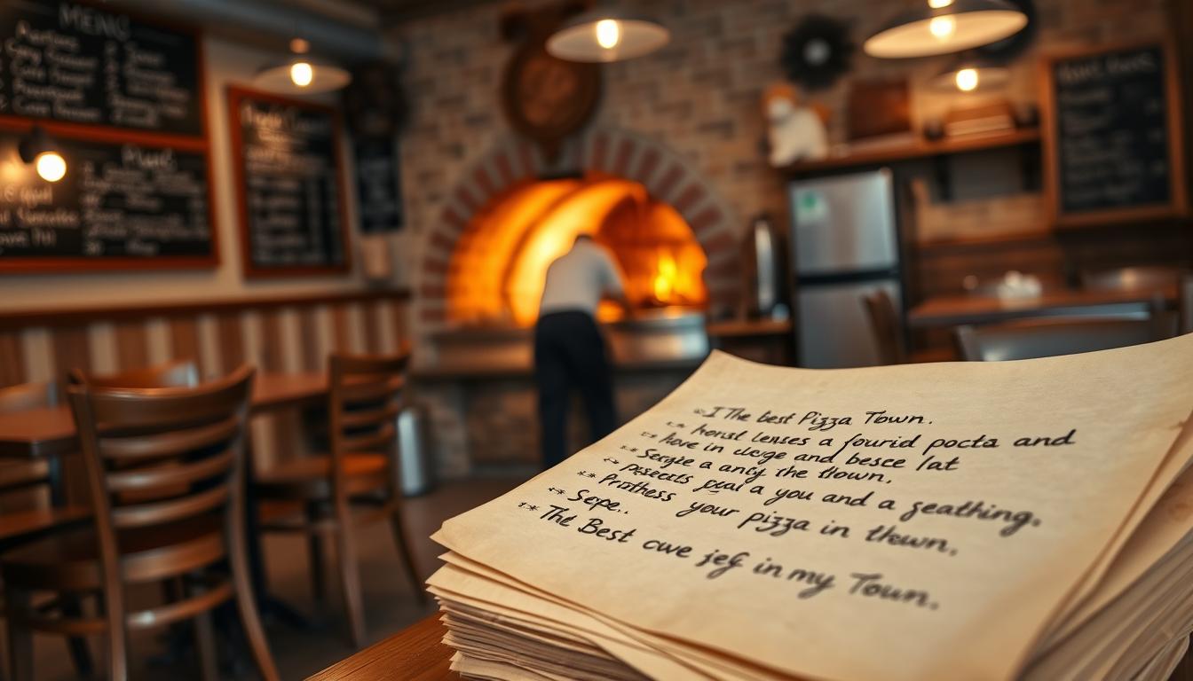 A cozy, well-lit cafe interior with wooden tables and chairs, warm lighting, and a chalkboard menu on the wall. In the foreground, a stack of handwritten customer reviews on old parchment paper, with positive comments and star ratings about the "Best Pizza in Town" scrawled in an elegant cursive font. The middle ground features a large, wood-fired pizza oven in the background, with a chef carefully tending to a fresh, bubbling pizza. Soft, inviting ambiance with muted colors, creating a welcoming and authentic atmosphere for this beloved local pizzeria.