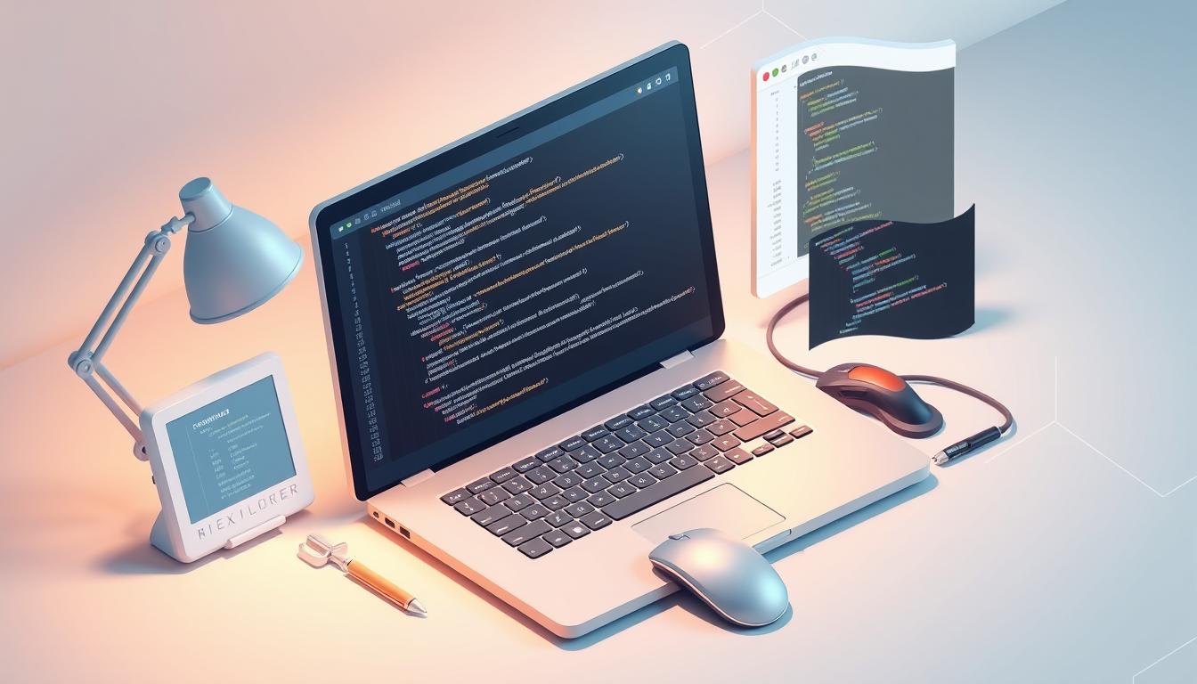 A well-lit, isometric-style illustration of various coding techniques and web development tools, including a keyboard, lines of code on a laptop screen, a mouse, and developer tools like a text editor and a code editor. The scene has a clean, minimalist aesthetic with a focus on the essential elements of web development. The lighting is soft and directional, creating depth and highlighting the details of the tools and code. The overall mood is one of focus, productivity, and technical mastery.