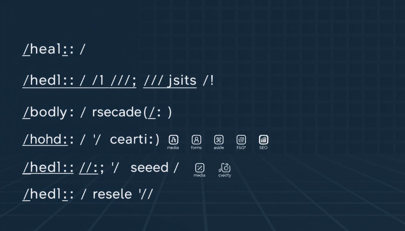 A stylized, technical illustration of essential HTML5 tags for website optimization. In the foreground, a clean, minimalist display of core tags like <head>, <body>, <header>, <nav>, <main>, <section>, <article>, <aside>, <footer>. In the middle ground, smaller icons or symbols representing advanced tags for media, forms, accessibility, and SEO. In the background, a faint grid or wireframe pattern, conveying a sense of structure and responsiveness. The overall aesthetic is sleek, modern, and software-oriented, with muted colors, soft lighting, and a slight depth of field.