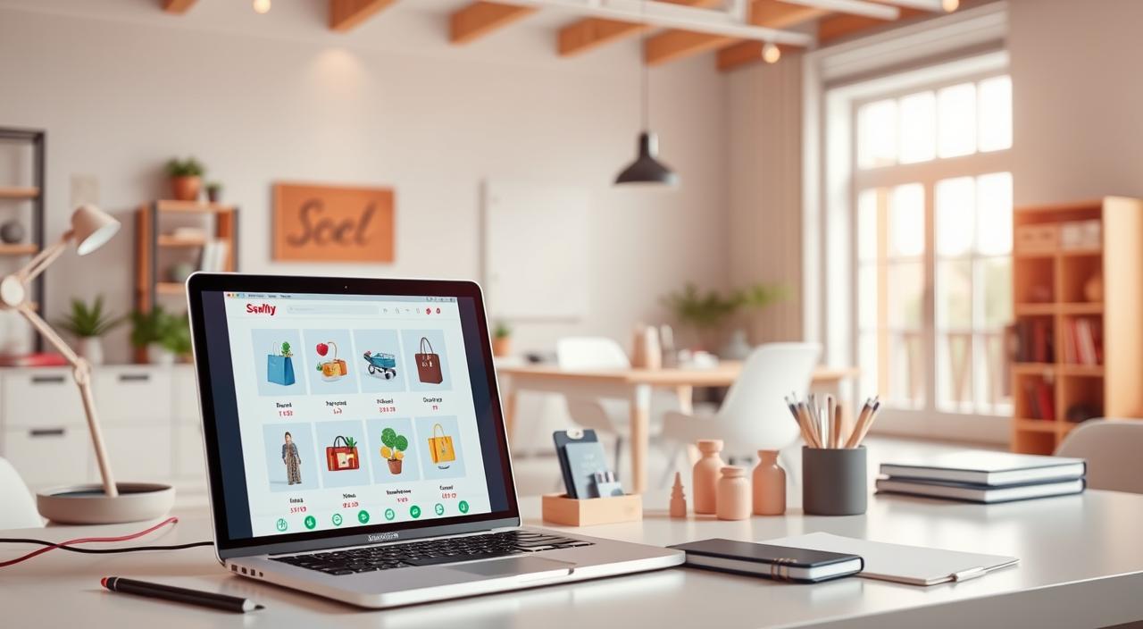 A vibrant e-commerce storefront showcasing various profitable online business ideas for students, set against a backdrop of a modern, minimalist workspace. In the foreground, a laptop displays an online shop interface, surrounded by stylish desk accessories and office supplies. The middle ground features 3D product models, representing potential dropshipping items or handmade goods. The background showcases a clean, well-lit room with large windows, hinting at the flexibility and productivity of remote work. The overall atmosphere conveys a sense of opportunity, innovation, and the potential for financial success through student-friendly online ventures.