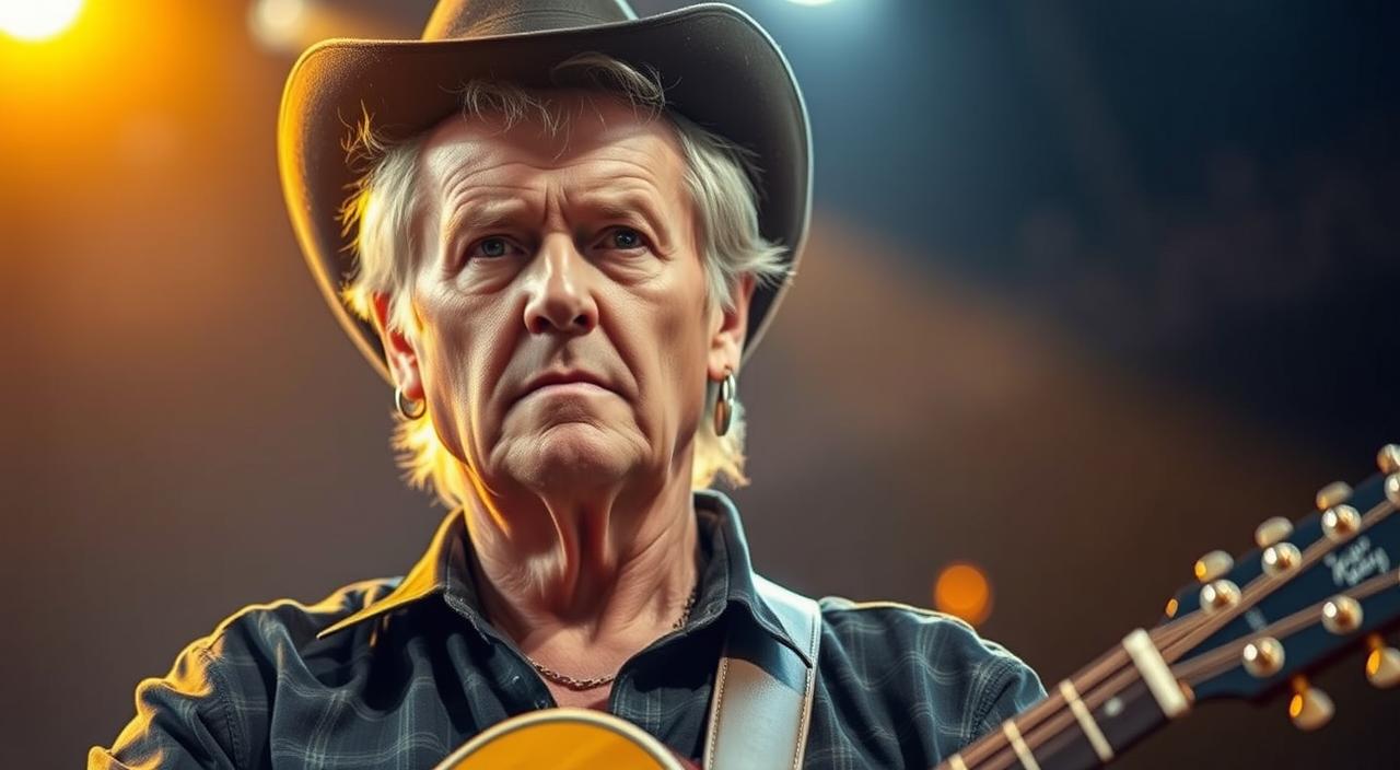 A close-up portrait of country music legend Mark Collie, standing onstage with his guitar under a warm, golden spotlight. Collie's weathered face and intense expression exude the passion and authenticity that has defined his decades-long career. The background is a blurred, dimly lit auditorium, hinting at the energetic performances Collie is known for. The image conveys the hard-earned success and artistic mastery of this iconic figure in the country music industry.