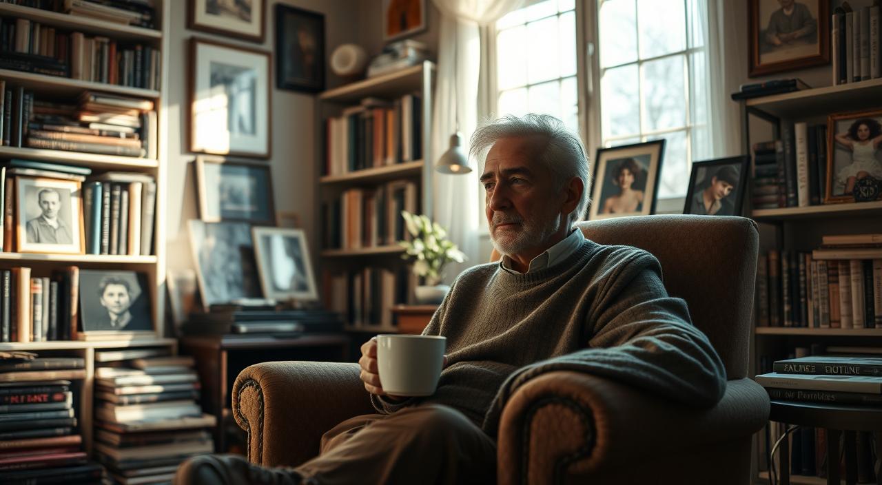 An intimate portrait of Albee Al in his private sanctuary, surrounded by mementos of his life and passions. A soft, natural light filters through the large windows, casting a warm glow on his contemplative expression as he sits in a cozy armchair, a cup of coffee in hand. In the background, bookshelves filled with volumes on art, music, and philosophy hint at his intellectual pursuits, while framed photographs on the walls capture cherished moments with loved ones. The overall atmosphere is one of quiet introspection, reflecting the depth and complexity of the artist's personal life and relationships.