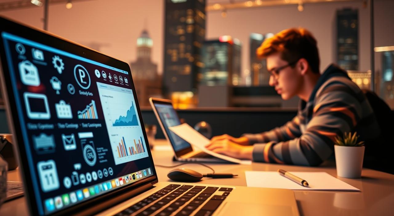 A vibrant and dynamic online business landscape, with students navigating a variety of digital opportunities. In the foreground, a laptop screen displays various icons and graphs, representing the analytics, e-commerce, and marketing tools available for student entrepreneurs. In the middle ground, a student sits at a desk, intently studying charts and graphs, evaluating the potential of different online business models. The background is a soft, blurred cityscape, hinting at the global reach and interconnectedness of the digital world. The lighting is warm and inviting, conveying a sense of productivity and possibility. The overall atmosphere is one of focus, curiosity, and the promise of digital entrepreneurship.
