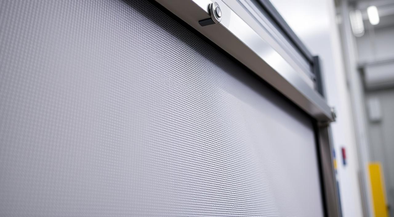 Indal Technologies Roller Curtain Doors: a high-quality industrial door solution, showcasing its sleek and durable construction. Capture the product in a well-lit studio setting, with a shallow depth of field to highlight the intricate textural details of the curtain material. Prominently display the roller mechanism and framing, illuminating the technical sophistication. The overall composition should convey a sense of precision engineering and practical functionality, positioning the roller curtain door as a versatile, customizable option for modern workspaces.