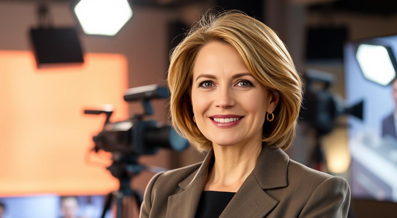 a detailed portrait of anne-marie mediwake, a prominent canadian television journalist and news anchor, in a warm, well-lit studio setting. she is standing in the foreground, dressed in a smart, professional outfit, with a confident and engaging expression on her face. the background features a blurred out studio environment, with cameras, lighting equipment, and other broadcast paraphernalia visible, conveying the atmosphere of a professional news production. the overall tone is one of authority, expertise, and a successful career in canadian broadcasting.