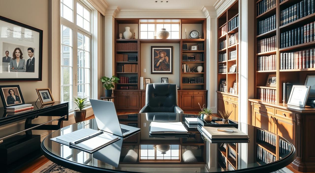 An elegant and well-appointed home office, with sunlight streaming through large windows. At the center, a stylish, glass-topped desk featuring a sleek laptop, pristine documents, and a tasteful desk organizer. On the walls, framed certificates and artwork convey a sense of professional accomplishment. Tall bookshelves line the background, their shelves neatly arranged with hardcover volumes and decorative accents. The overall atmosphere is one of quiet sophistication and financial stability, befitting the distinguished career of Marie Holmes.