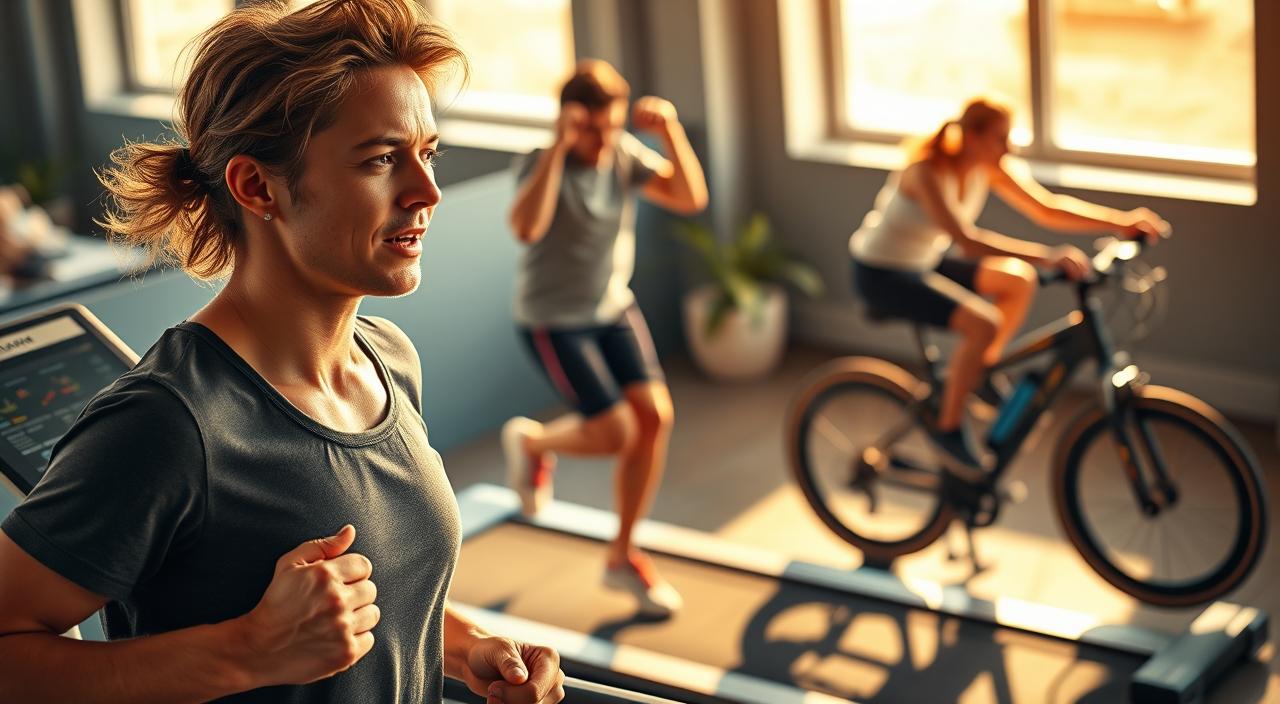 A vibrant, energetic scene of a person engaged in a variety of cardio exercises. In the foreground, a person jogging on a treadmill, their face flushed with exertion, sweat glistening on their brow. In the middle ground, a person performing jumping jacks, their limbs moving in a dynamic, rhythmic motion. In the background, a person cycling on a stationary bike, pedaling furiously, their legs pumping with intensity. The lighting is bright and warm, casting a golden glow on the scene, conveying a sense of health, vitality, and the benefits of regular cardio. The atmosphere is one of focus, determination, and the pursuit of physical fitness. The overall image is a celebration of the positive impact of daily cardio on overall wellbeing.