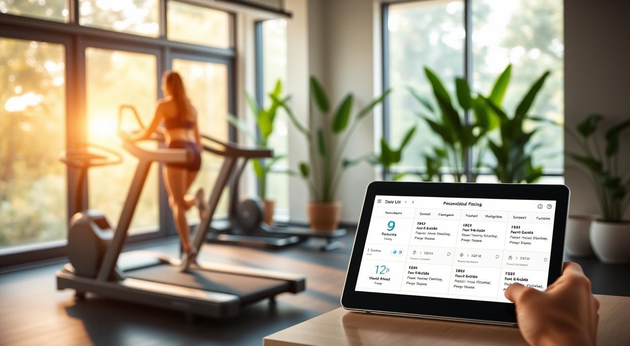 A serene, well-equipped home gym with personalized fitness plans displayed on an intuitive digital interface. Soft, natural lighting filters through large windows, casting a warm glow on the modern exercise equipment and sleek, minimalist decor. In the foreground, a customized workout routine is shown on a tablet, tailored to the user's specific goals, fitness level, and body type. The middle ground features a state-of-the-art treadmill, resistance bands, and other versatile training tools. The background showcases lush, verdant plants, creating a serene, spa-like ambiance. The overall atmosphere conveys a sense of balance, personalization, and the power of science-backed fitness tailored to individual needs.