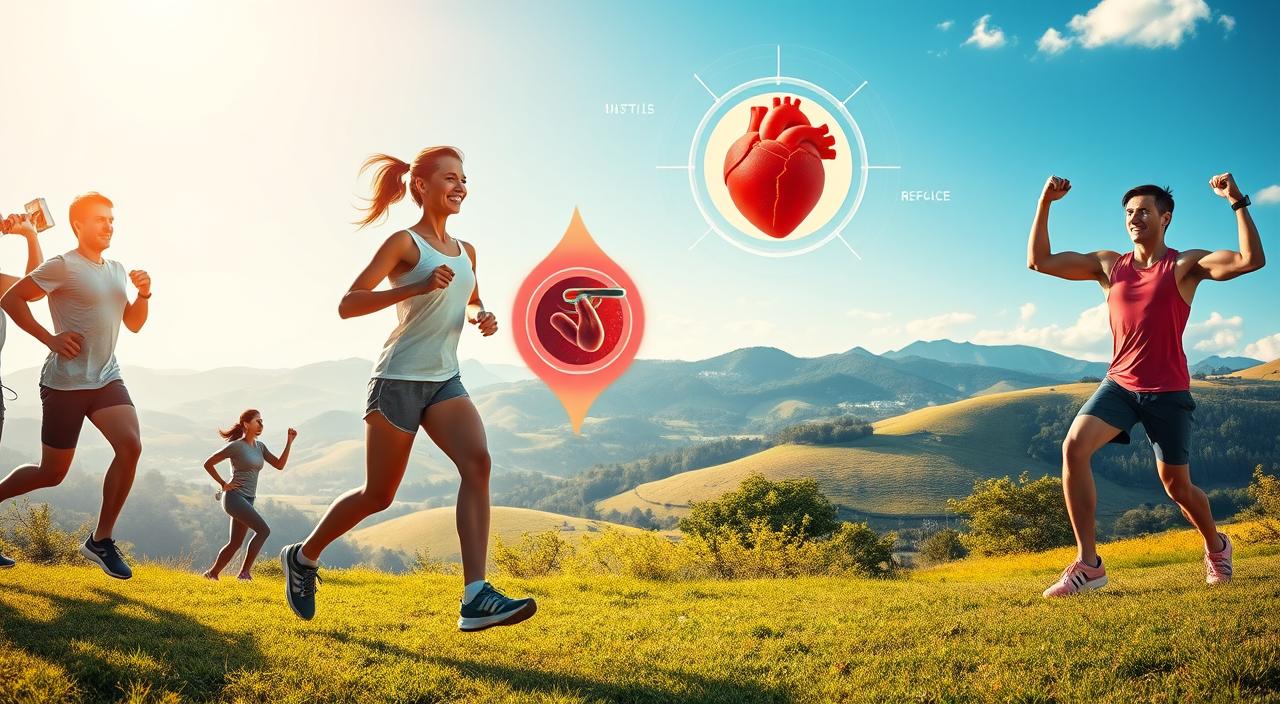 A highly detailed, photorealistic illustration of the benefits of regular physical activity, showcasing a vibrant and dynamic scene. In the foreground, a person performing various exercises like jogging, weight lifting, and yoga, their body glowing with health and vitality. In the middle ground, visual representations of the physiological effects of exercise, such as a beating heart, increased blood flow, and strengthened muscles. In the background, a serene natural landscape with rolling hills, lush vegetation, and a clear blue sky, conveying a sense of balance and well-being. The lighting is warm and natural, illuminating the scene with a soft, golden glow. The composition is visually striking, drawing the viewer's attention to the key elements and emphasizing the holistic benefits of regular physical activity.
