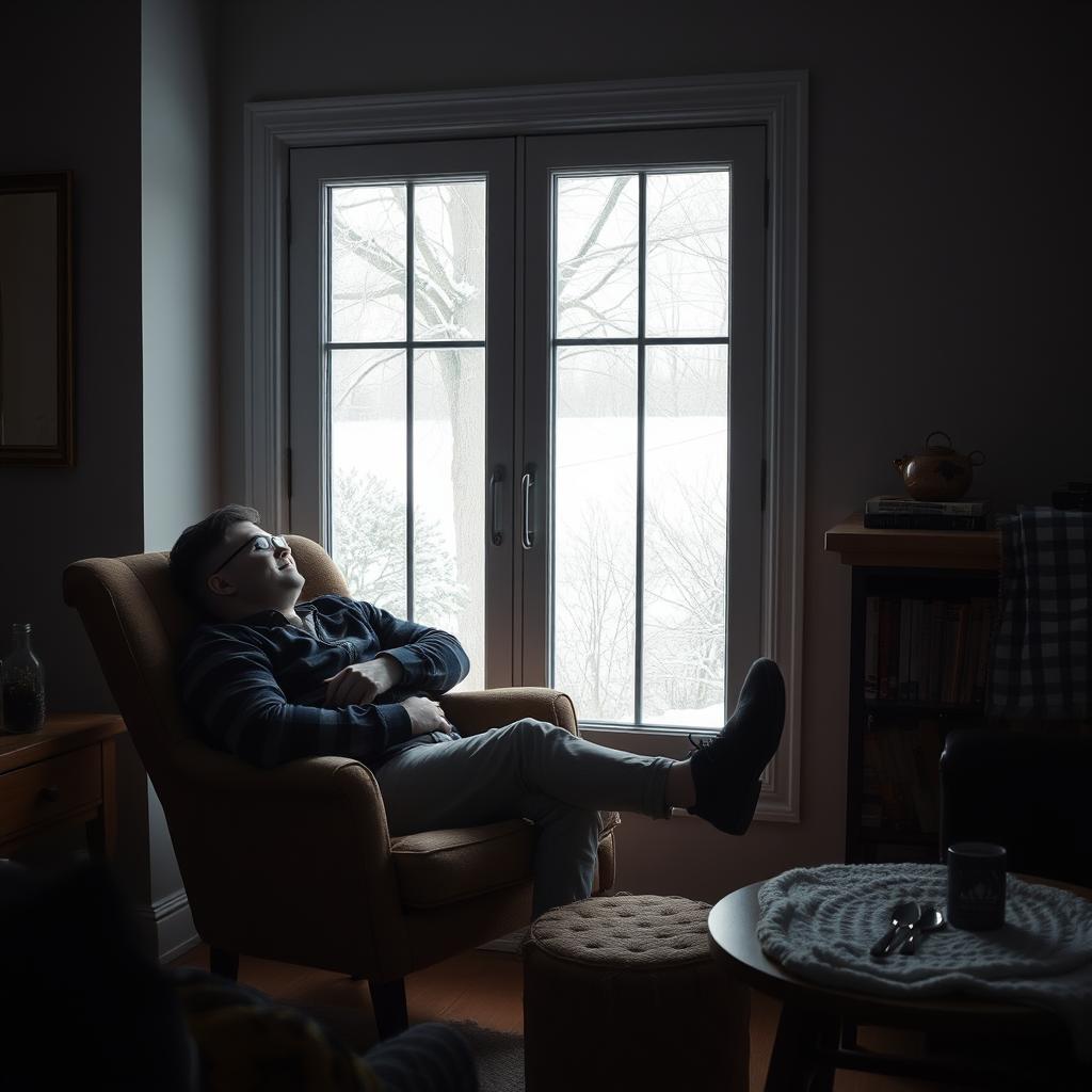 Person relaxing comfortably by a double pane window during winter