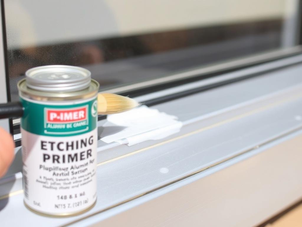 Aluminum window frame being prepared with etching primer