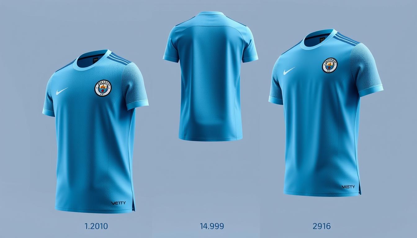 A detailed comparison of the new Manchester City shirt design with their previous jersey designs. Showcase the evolution of the iconic sky blue color, the sleek modern silhouette, and the subtle yet distinctive detailing. Capture the jersey from multiple angles, showcasing the clean lines, the textured fabric, and the team crest in striking detail. Highlight the shirt's premium quality and timeless aesthetic, conveying the pride and passion associated with the Manchester City brand. Use a combination of soft, flattering lighting and high-resolution photography to present the jersey in the best possible light.