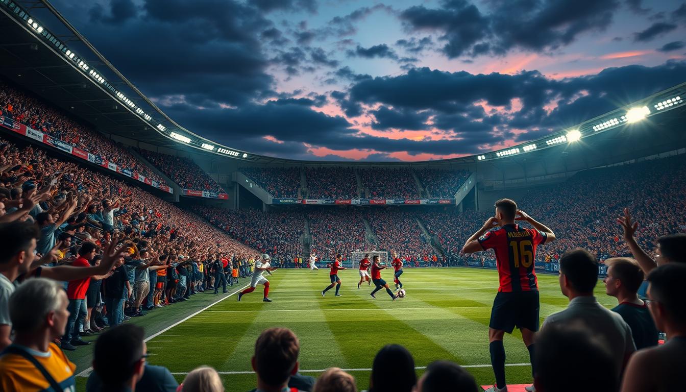 A bustling football stadium at dusk, packed with passionate fans cheering on the rising teams vying for a chance at glory. The vibrant jerseys of the players stand out against the deep shadows cast by the floodlights, their determined faces locked in a fierce competition. The crowd's roar echoes through the air, creating a palpable energy that seems to crackle with anticipation. In the foreground, a close-up view captures the intensity of the players' expressions, their eyes burning with the fire of ambition. The middle ground reveals the dynamic movement of the game, players deftly maneuvering the ball down the field. And in the background, the towering stadium structure looms, a testament to the grandeur of the sporting event unfolding before us.
