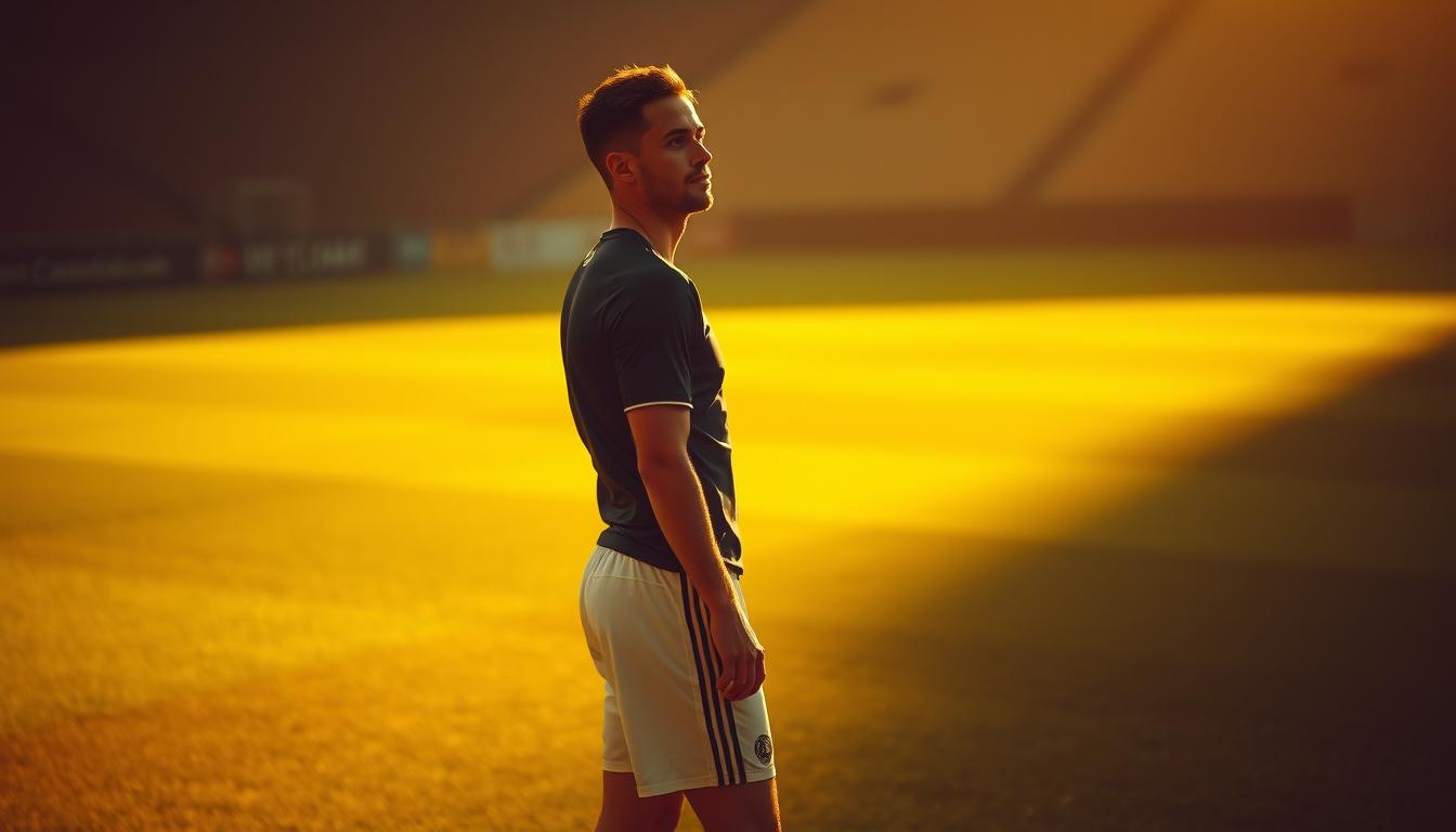 A retired soccer player, Eden Hazard, stands on a lush green pitch, contemplating a potential return to the game. His expression is thoughtful, with a hint of determination in his eyes. The scene is bathed in warm, golden light, creating a nostalgic and inspiring atmosphere. The player's silhouette is clearly visible, with his jersey and shorts hinting at his former athletic prowess. The background is blurred, placing the focus on the central figure and his internal deliberation about rejoining the sport he once dominated.