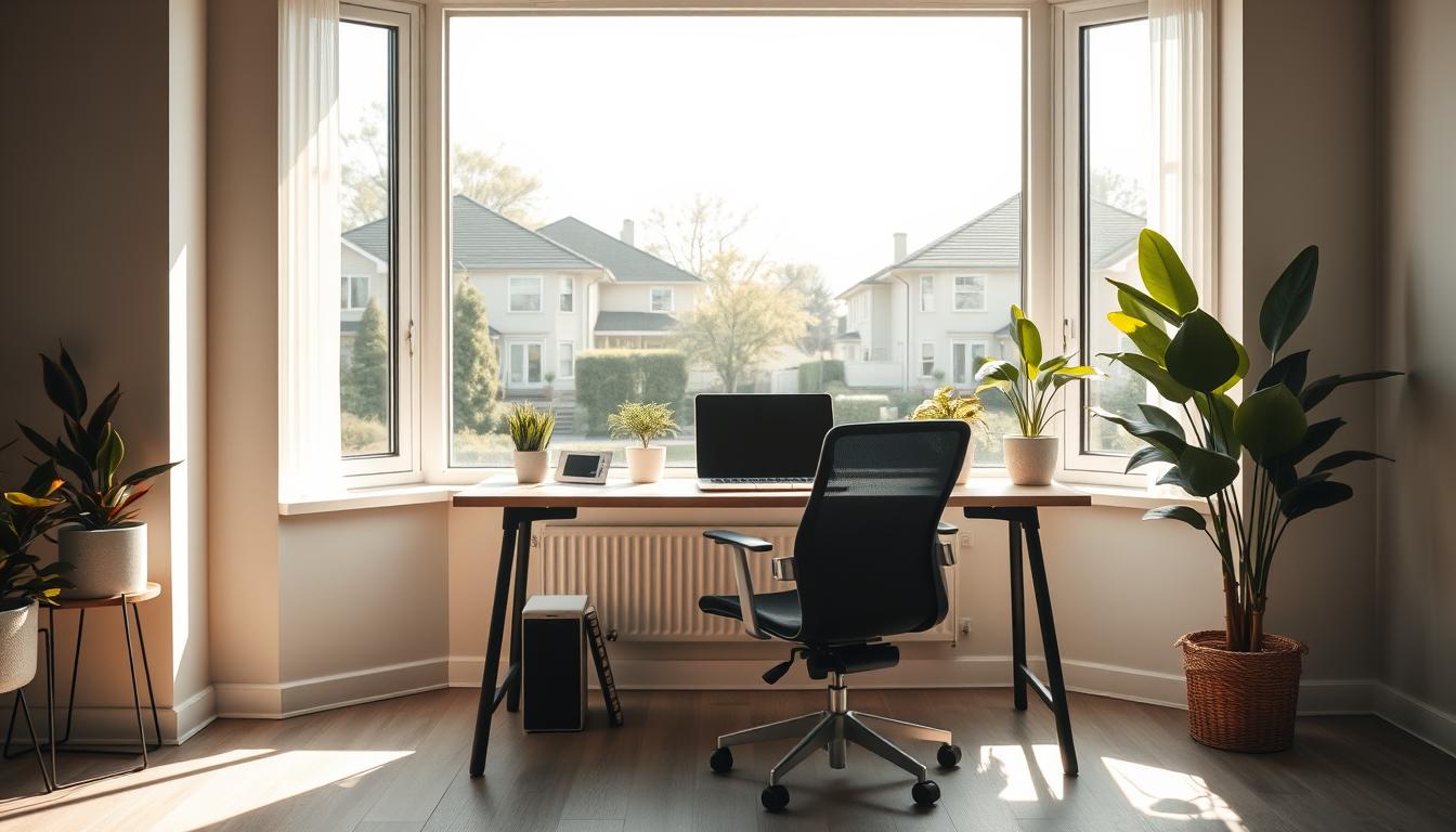 A spacious, well-lit home office with a large window overlooking a peaceful residential neighborhood. A desk with a modern laptop, ergonomic chair, and potted plants create a cozy, productive atmosphere. The room is bathed in warm, natural lighting, with soft shadows and highlights that accentuate the clean, minimalist design. The walls feature soothing, neutral tones, and the overall scene conveys a sense of safety, security, and focus - an ideal environment for remote workers to thrive while avoiding cyber threats and scams.