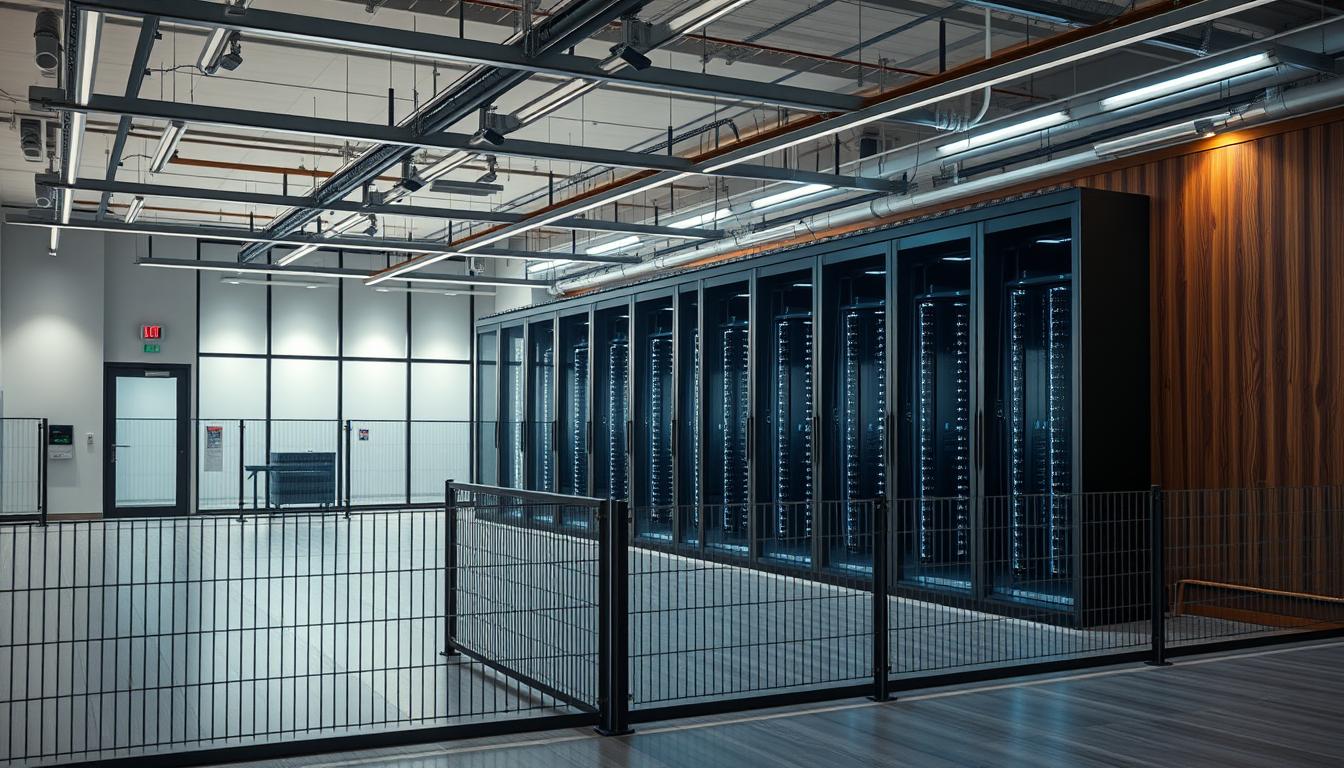 A secure and well-protected data center, featuring a sleek and modern architectural design. The facility is surrounded by a perimeter fence, with security cameras and access control systems monitoring the premises. The lobby area has a minimalist, glass-and-steel aesthetic, creating an impression of transparency and security. The server room is housed in a reinforced, climate-controlled environment, with redundant power and cooling systems to ensure continuous uptime. Subtle ambient lighting creates a calming, professional atmosphere, while the use of natural materials like wood and stone adds a sense of solidity and permanence. The overall design conveys a strong emphasis on physical security, data protection, and operational resilience.