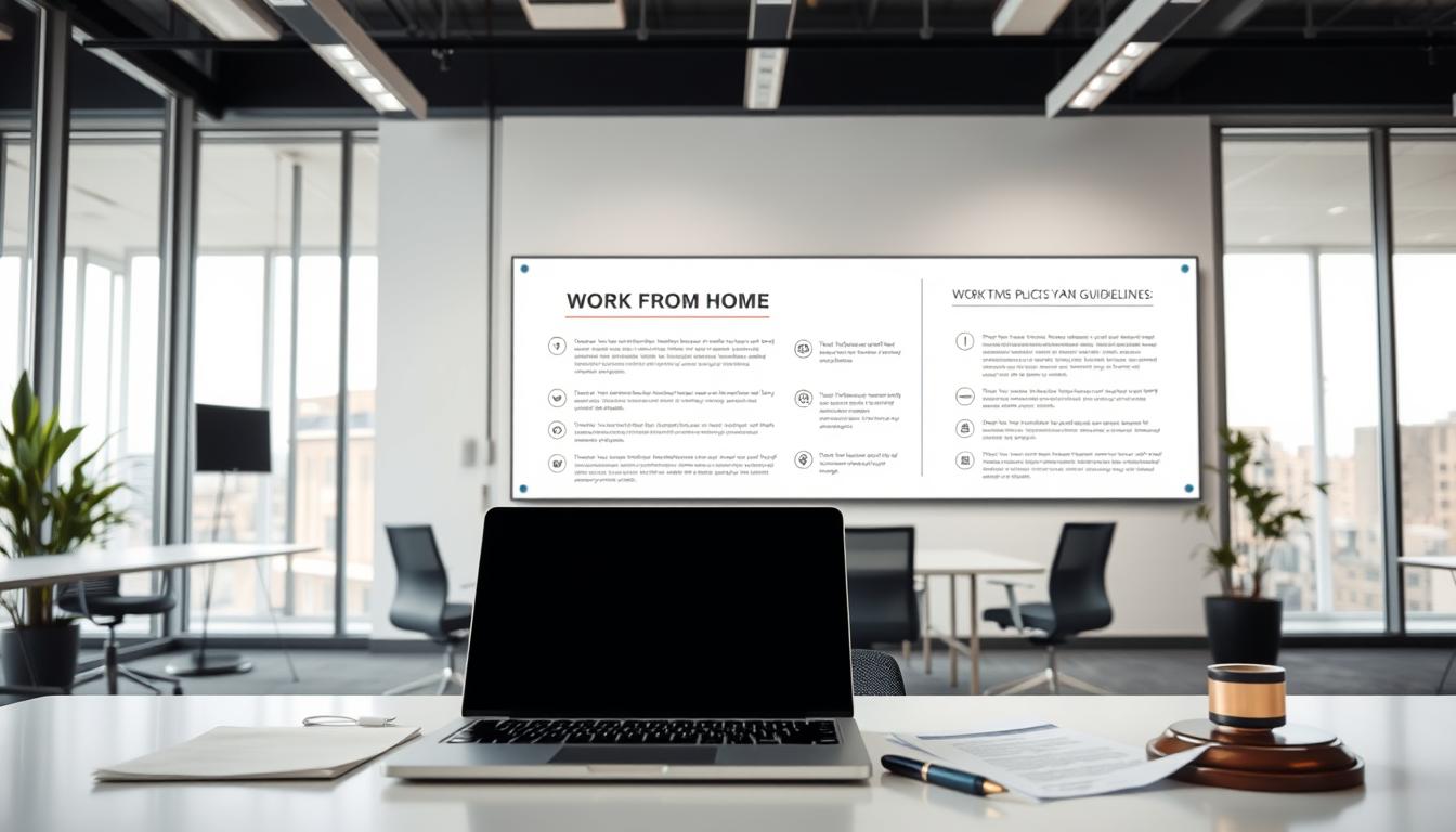 A well-lit, modern office interior with a clean, minimalist aesthetic. In the foreground, a desk with a laptop, pen, and paperwork, representing the legal framework and policies. In the middle ground, a large whiteboard or wall display showcasing key policy points and guidelines, with clean typography and infographic elements. The background features floor-to-ceiling windows, allowing natural light to flood the space and create a sense of openness and transparency. The overall mood is professional, organized, and focused on clear communication of the work-from-home policies and regulations.