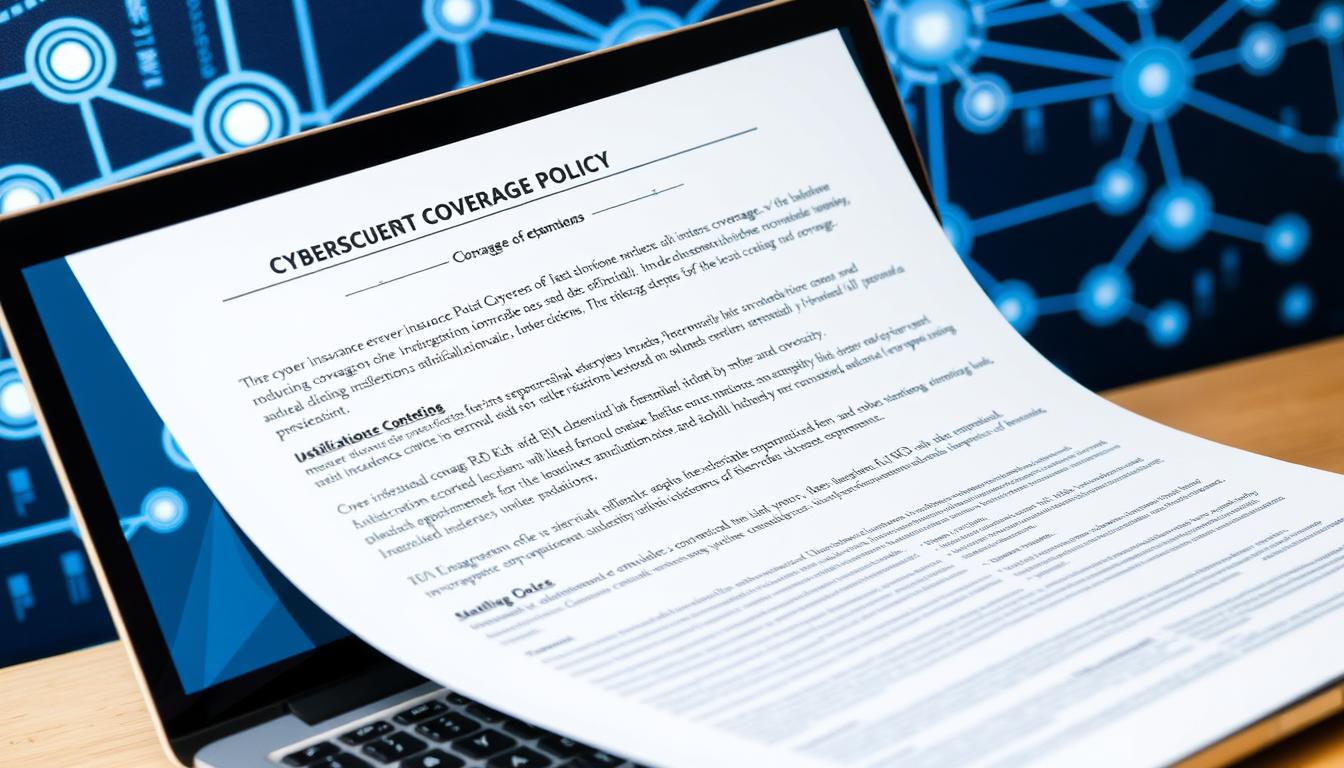 A detailed cybersecurity coverage policy document displayed on a laptop screen, with a digital network diagram in the background. The policy sections are clearly legible, showcasing various insurance coverage options, risk mitigation strategies, and limitations. The overall scene conveys a sense of professionalism, security, and informed decision-making, reflecting the importance of comprehensive cyber insurance in a modern business environment.
