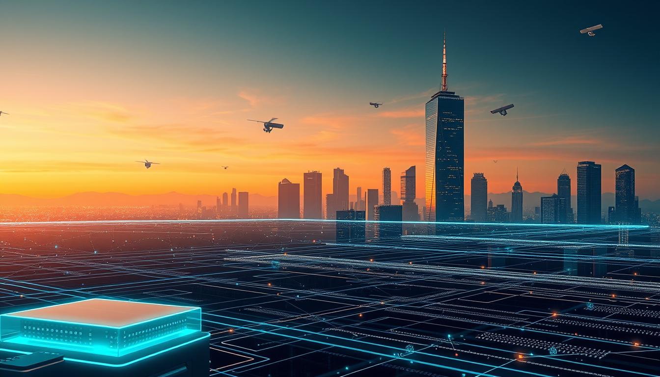 A serene digital landscape depicting the concept of encryption and surveillance. In the foreground, a sleek, futuristic data center with a glowing holographic interface. In the middle ground, a network of interconnected nodes and servers, their lines pulsing with coded information. The background features a towering cityscape, its skyscrapers adorned with surveillance cameras and crisscrossed by data streams. Subtle lighting creates an atmosphere of tech-infused tranquility, with warm tones and sharp shadows emphasizing the interplay of security and privacy. The overall scene conveys a sense of the delicate balance between technological control and individual data protection.