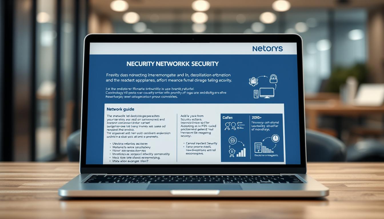 A detailed network security guide displayed on a modern laptop screen, with clean icons and illustrations. The scene has a professional, corporate atmosphere with soft lighting and a minimalist design aesthetic. The laptop is placed on a wooden desk against a blurred background, creating depth and focus on the screen. The overall mood is informative, trustworthy, and visually appealing to readers of a business technology article.