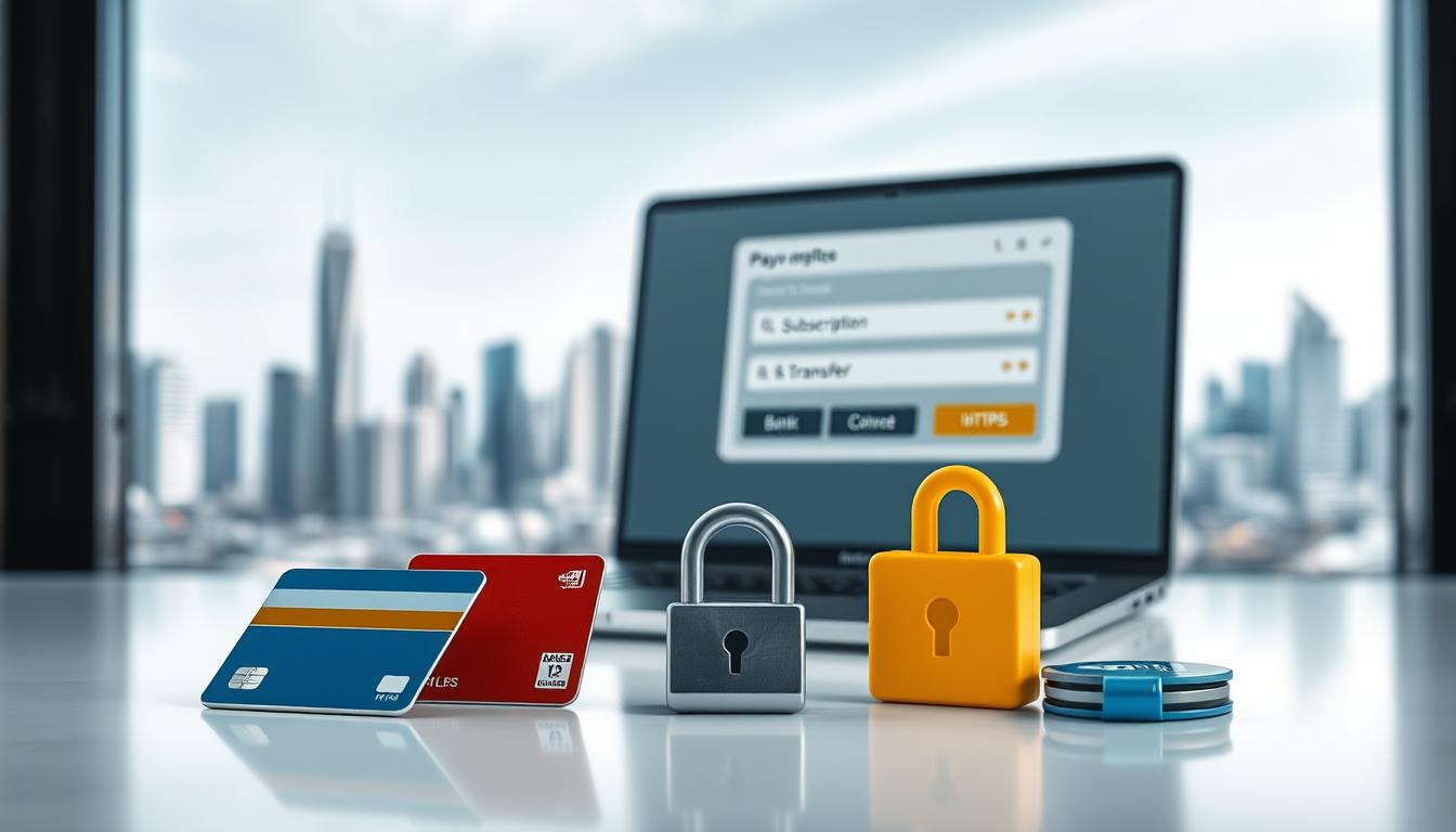 A secure, modern financial transaction scene. In the foreground, various payment method icons - credit card, digital wallet, bank transfer - arranged neatly on a clean, minimalist surface. The middle ground features a laptop displaying an IPTV subscription payment page, with padlock icons and &quot;HTTPS&quot; indicating a secure connection. In the background, a blurred cityscape with high-rise buildings, symbolizing the global reach of IPTV services. Lighting is soft, with a cool, professional tone. The overall composition conveys a sense of trust, reliability, and technological sophistication in the IPTV payment process.