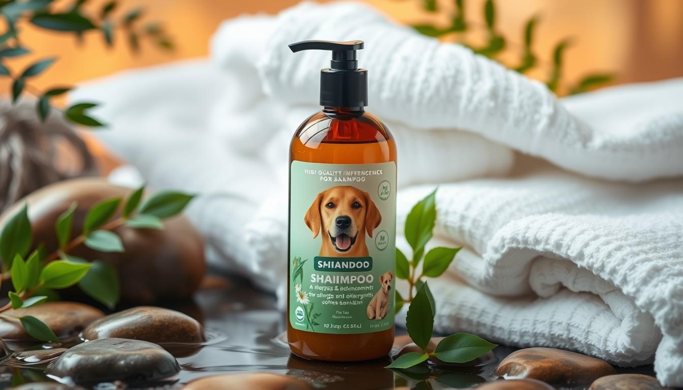 A bottle of high-quality dog shampoo for allergies and itchy skin stands prominently in the center of the frame. The bottle's label features soothing images of a happy, healthy dog and highlights the product's gentle, hypoallergenic formula. The shampoo is surrounded by soft, natural textures like smooth river rocks, lush green foliage, and fluffy white towels, creating a serene, spa-like atmosphere. Warm, diffused lighting illuminates the scene, casting a calming glow and emphasizing the product's natural, botanical ingredients. The overall composition conveys a sense of pampering and relief for dogs suffering from skin irritation and allergies.