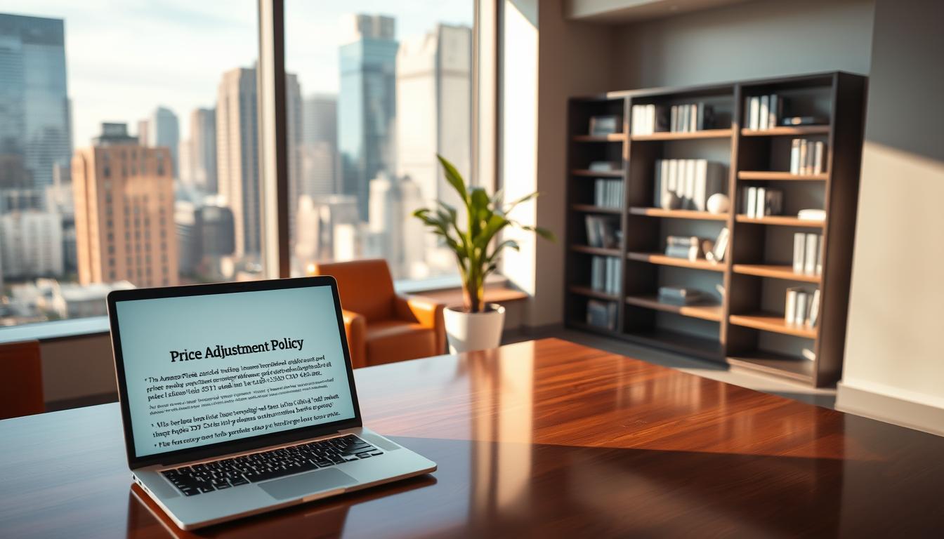 A sleek, modern office interior with a large window overlooking a bustling cityscape. In the foreground, a polished mahogany desk holds a laptop displaying Amazon's price adjustment policy, its contents clearly legible. The middle ground features a leather armchair and a strategically placed potted plant, creating a sense of professionalism and attention to detail. The background showcases a minimalist bookshelf, its shelves adorned with finance and retail-related literature. Soft, directional lighting casts a warm glow, conveying a sense of authority and trustworthiness associated with Amazon's brand. The overall scene evokes a atmosphere of informed decision-making and financial optimization.