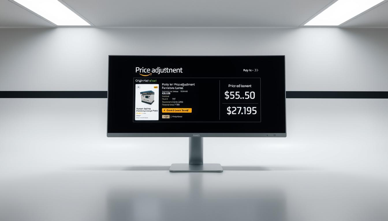 A high-resolution photograph of a digital display showcasing the "price adjustment" process on an Amazon product page. The screen reveals a product's original price, the discounted price, and the amount saved. The display is set against a sleek, minimalist backdrop, with clean lines and a neutral color palette. Soft, diffused lighting illuminates the scene, creating a sense of clarity and professionalism. The composition emphasizes the central price adjustment information, drawing the viewer's attention to the key details. The overall mood is one of efficiency, transparency, and the empowerment of savvy online shoppers.