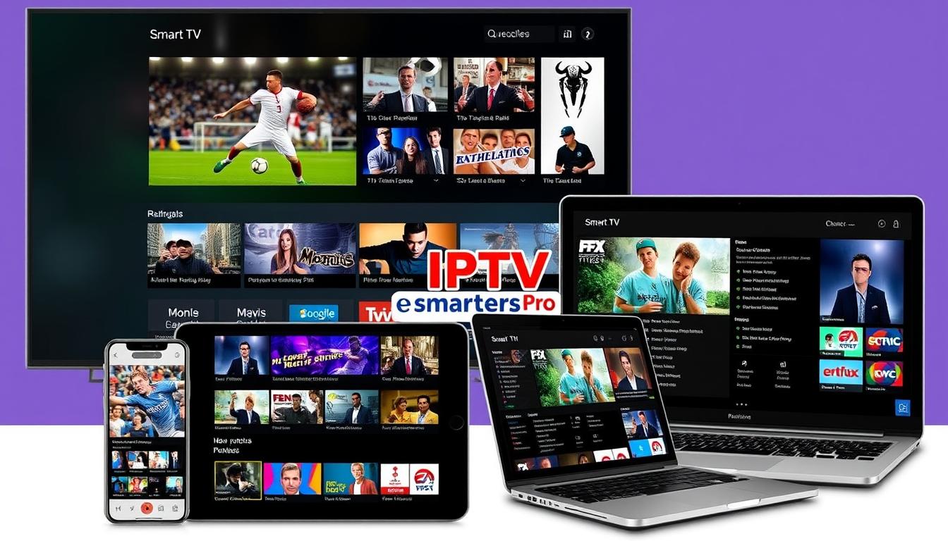 Interface IPTV Smarters Pro sur différents appareils montrant le meilleur de la qualité