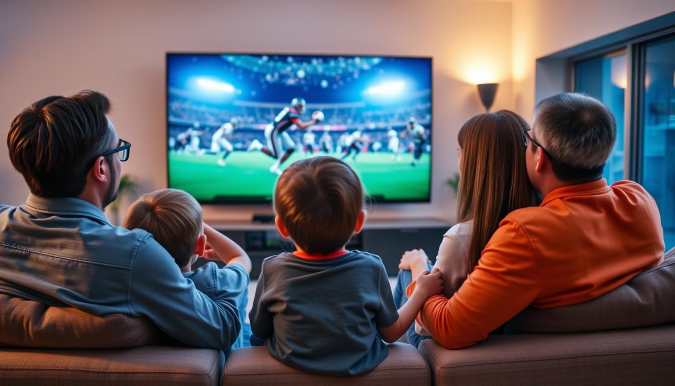 Famille profitant d'un service meilleur IPTV sur leur Smart TV dans leur salon
