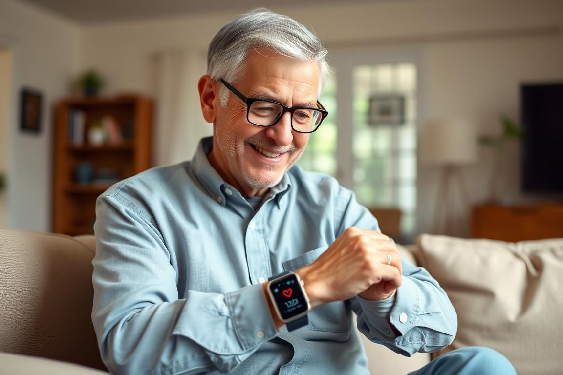 Senior using SmartPulse 360 Tracker smartwatch to monitor health metrics