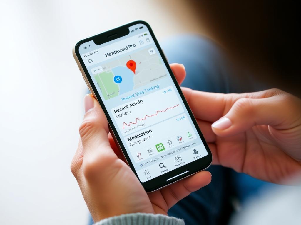 HealthGuard Pro caregiver app showing location tracking and health data