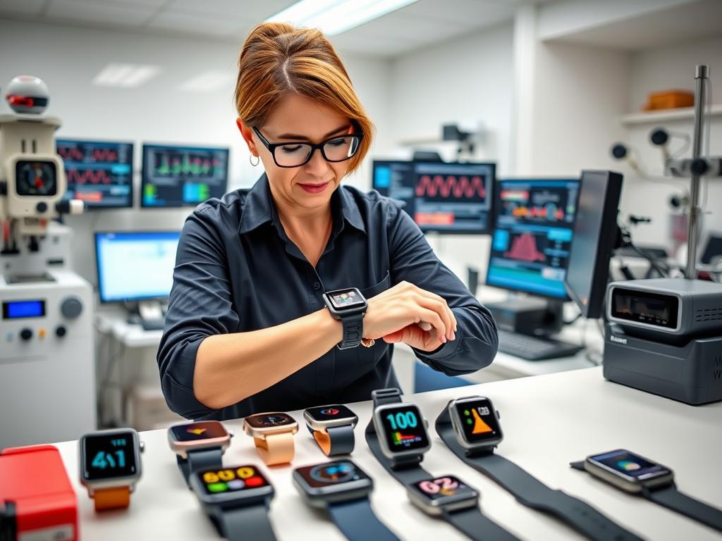 Senior tech expert testing smartwatches for seniors 2025 in a laboratory setting