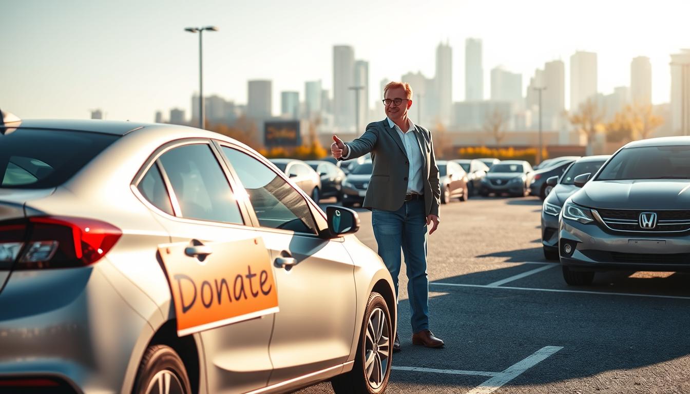 A charitable car donation scene set in a warm, sunlit parking lot. In the foreground, a mid-sized sedan with a prominent "Donate" sign on its side stands ready to be gifted. A compassionate donor and a grateful nonprofit representative shake hands, sealing the deal. In the middle ground, rows of other donated vehicles await their new purpose. The background features a modern city skyline, symbolizing the far-reaching impact of this act of generosity. The lighting is soft and natural, creating a sense of hope and goodwill. The overall composition conveys the joy and fulfillment of contributing to a worthy cause.
