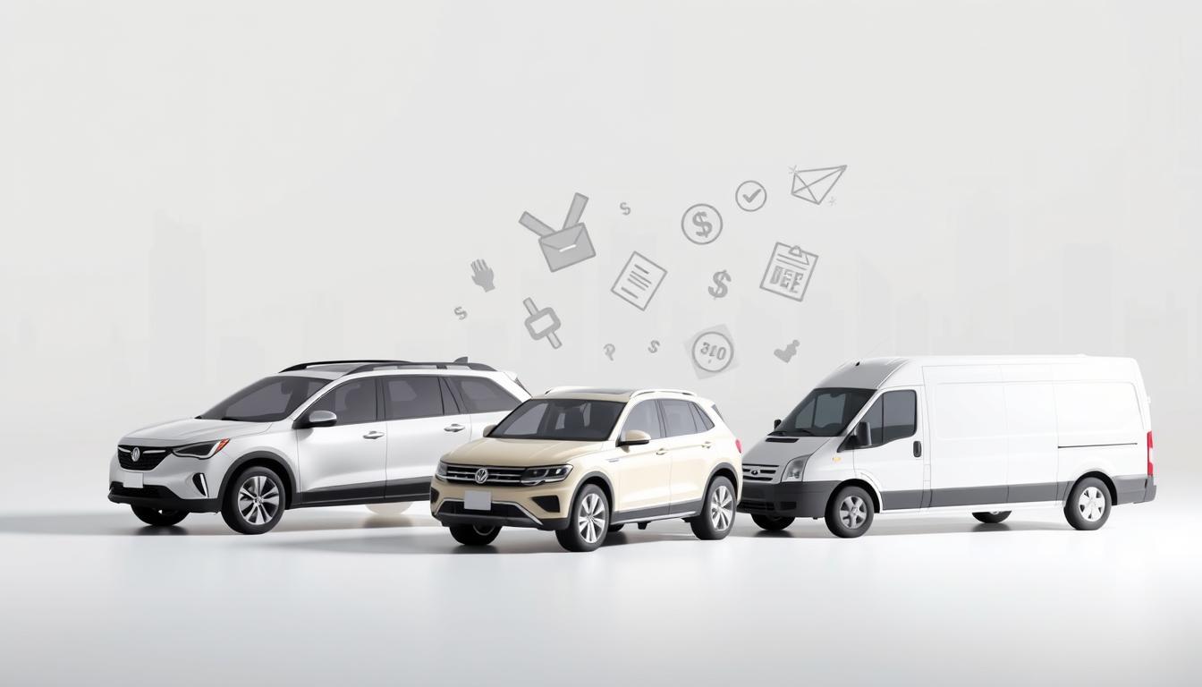 A modern, minimalist illustration depicting various tax-deductible car donation alternatives. In the foreground, a variety of vehicles are arranged - a sedan, an SUV, a pickup truck, and a van. The vehicles are rendered in a clean, simplified style with muted colors, reflecting their practical and functional nature. In the middle ground, a mix of donation-related icons and graphics are scattered, such as a donation box, a dollar sign, and a percentage chart. The background features a soft, blurred cityscape, hinting at the urban setting where these donations often occur. The overall mood is one of efficiency, organization, and responsible civic engagement. Lighting is soft and diffused, creating a calming, professional atmosphere.