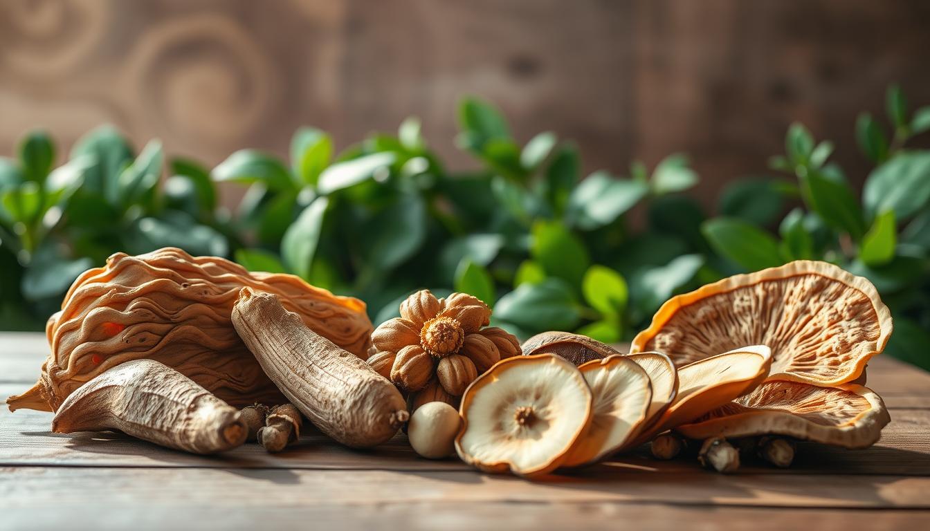 Boost Your Energy Daily: 7 Personalized Foods for Women 5 A still life composition showcasing a selection of energizing adaptogens. In the foreground, a wooden table displays a variety of botanical ingredients - plump maca roots, glossy ashwagandha pods, and delicate reishi mushroom slices. Soft, natural lighting from the side creates captivating shadows and highlights the textures. The middle ground features lush, verdant foliage, creating a serene, earthy backdrop. The overall mood is one of vitality, balance, and wellness, inviting the viewer to explore the potential benefits of these powerful adaptogens.