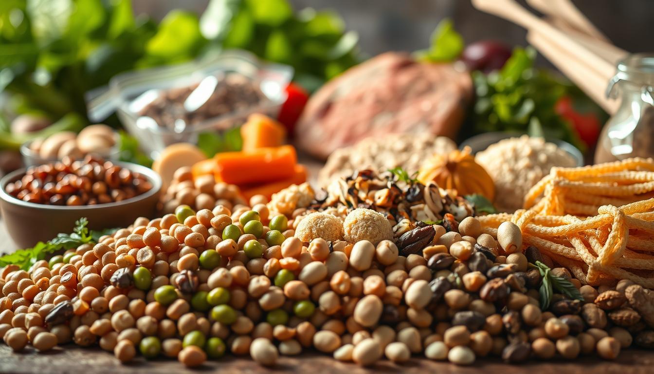Premium Proteins: How 5 Types Transform Your Fitness Results 4 A still life composition featuring an assortment of plant-based protein sources, bathed in warm, natural lighting and captured with a shallow depth of field. In the foreground, an arrangement of high-protein legumes such as lentils, chickpeas, and edamame, complemented by a selection of nuts and seeds. In the middle ground, various meat-alternative products made from soy, tempeh, or pea protein, arranged artfully. In the background, vibrant leafy greens and other fresh produce, conveying a sense of health and vitality. The overall mood is one of abundance, sustainability, and premium quality, reflecting the concept of "Plant-Based Premium Proteins for Sustainable Results".