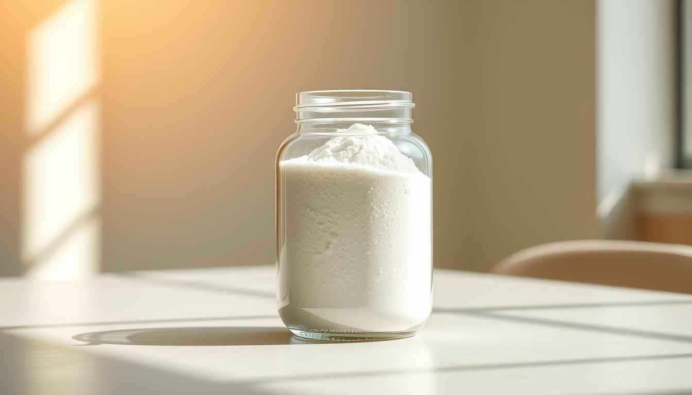 Premium Proteins: How 5 Types Transform Your Fitness Results 3 A glass jar filled with sparkling white whey protein isolate powder, backlit by a warm, natural light that accentuates the powder's crystalline texture. The jar sits on a sleek, minimalist table, with a simple, elegant background that evokes feelings of health, wellness, and premium quality. The lighting casts soft shadows, creating a sense of depth and dimension. The overall composition is clean, balanced, and inviting, highlighting the purity and effectiveness of the whey protein isolate.