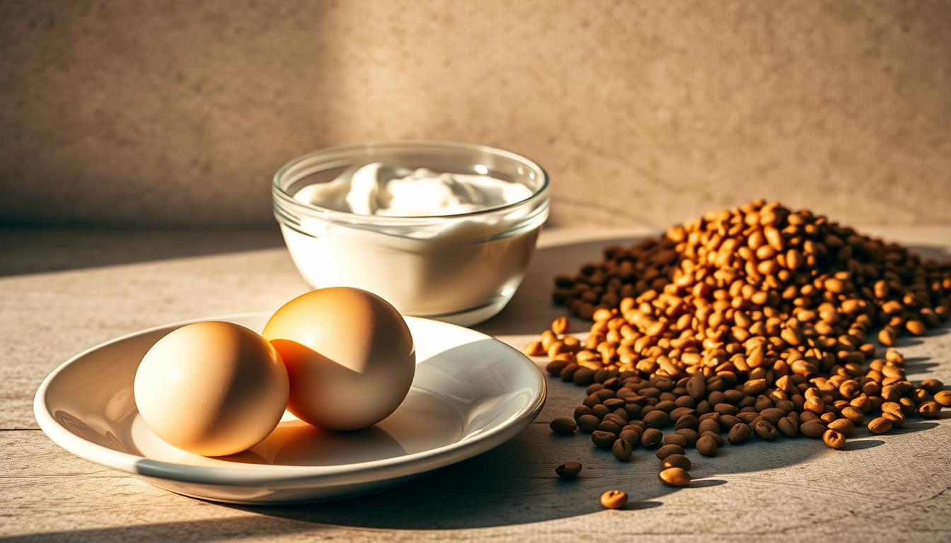 Boost Your Energy Daily: 7 Personalized Foods for Women 4 A still life image depicting a selection of strategic protein-rich foods for boosting daily energy levels. In the foreground, a plate holding a pair of fresh eggs, their golden yolks glistening. Behind it, a small glass bowl brimming with thick, creamy Greek yogurt. To the side, a pile of brown lentils spilling onto the table's surface. Warm, directional lighting casts dynamic shadows, highlighting the textures and colors of these nutrient-dense ingredients. The scene is set against a subtly textured, neutral background, allowing the key elements to take center stage. The overall composition and lighting evoke a sense of simple, wholesome sustenance to power the day ahead.