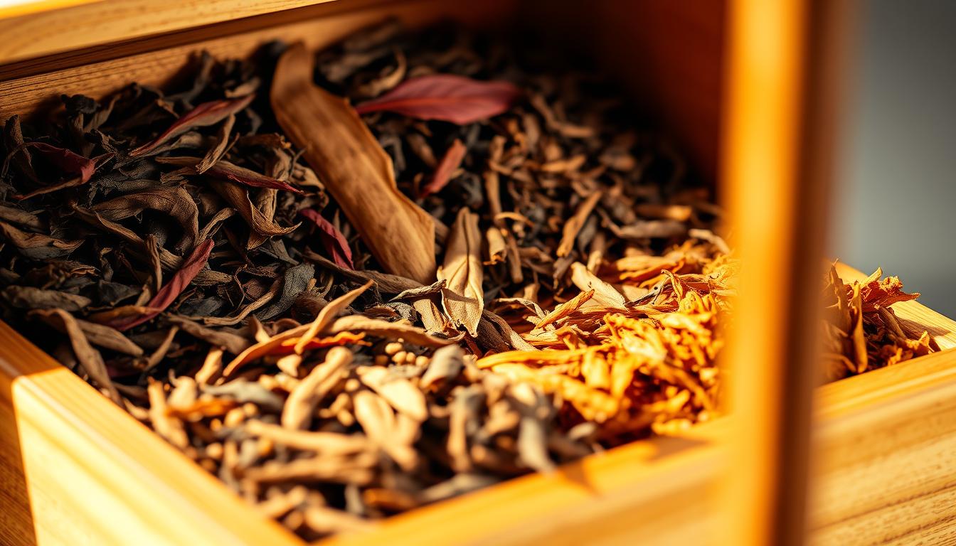 A neatly arranged display of premium shisha tobacco leaves, their rich, vibrant colors captured in high detail. The tobacco sits in a wooden box, with warm lighting casting a natural glow across the scene. The background features a clean, minimalist backdrop, allowing the tobacco to take center stage. The composition highlights the texture, aroma, and quality of the shisha, inviting the viewer to imagine the satisfying experience of packing and lighting a perfect hookah session. The overall mood is one of refinement, craftsmanship, and the pleasures of fine tobacco enjoyment.